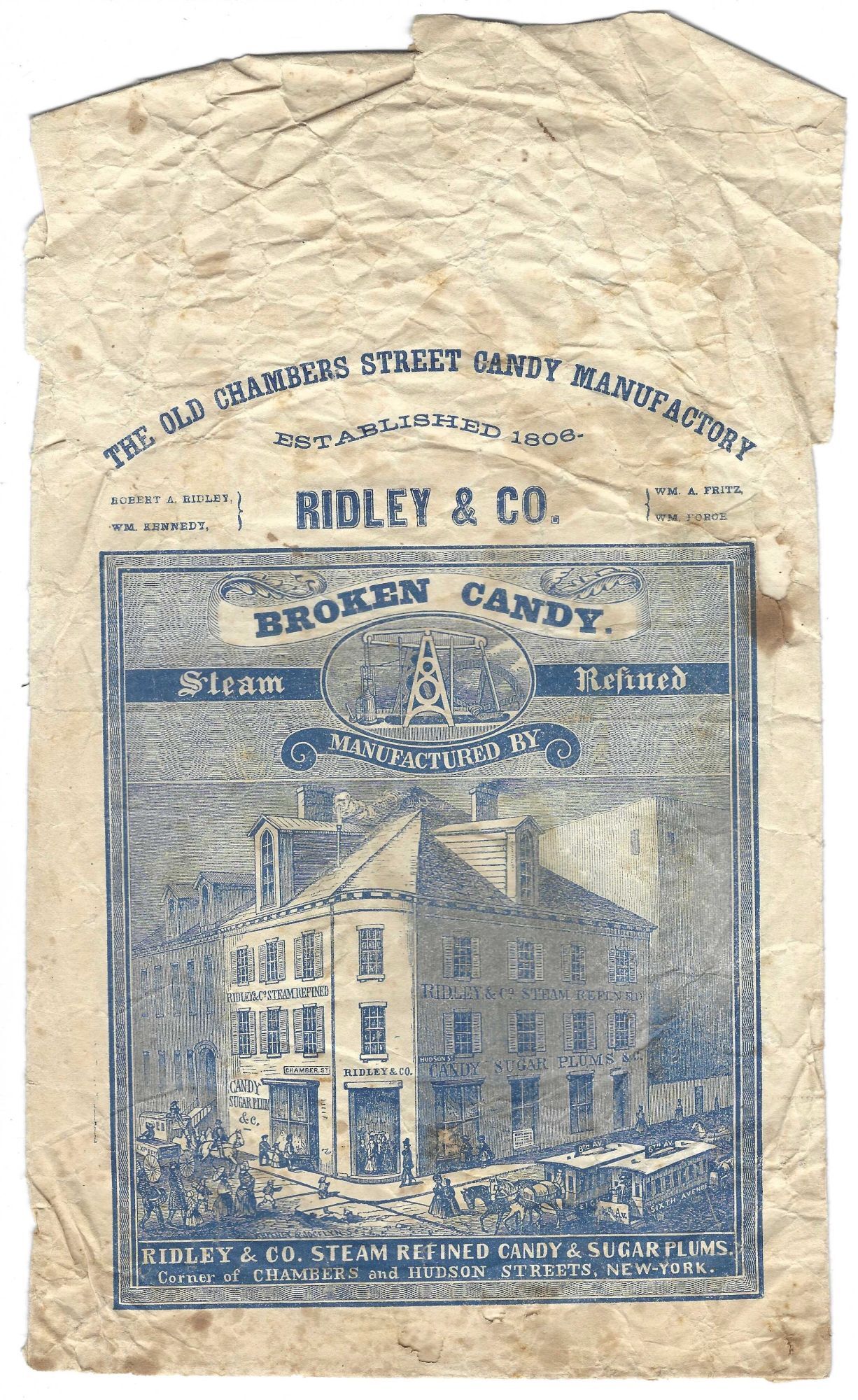 Item #10072 The Old Chambers Street Candy Manufactory. Established 1806.... Broken Candy... Ridley & Co. Steam Refined Candy & Sugar Plums. Packaging - Ridley, Co, New York City.