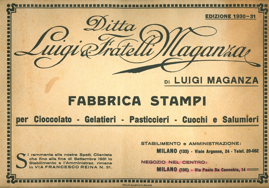 Item #2430 Fabbrica stampi per cioccolato, gelatieri, pasticcerie, cuochi e salumerie. Trade Catalogue – Ice Cream, Luigi Maganza, Fratelli.