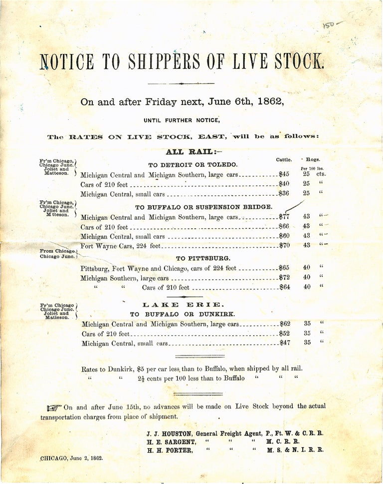 Item #3261 Notice to Shippers of Live Stock. On and after Friday next, June 6th, 1862. Broadside...