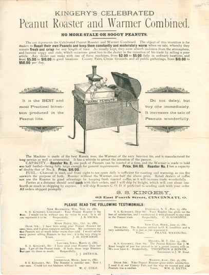 Item #3286 Kingery's Celebrated Peanut Roaster and Warmer Combined [and] Peerless and Giant Freezers. Broadside, S. S. Kingery.