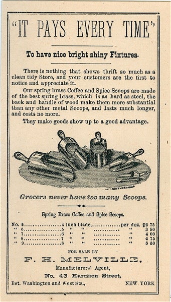 Item #3292 It Pays Every Time To have nice bright shiny Fixtures [...]. Handbill - Coffee Scoops, F. H. Melville.