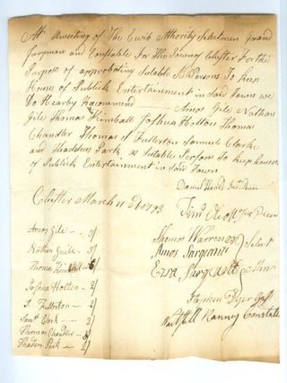 A Collection of Twenty-five Early American Tavern Licenses and Related Documents from Southern Vermont and Connecticut.