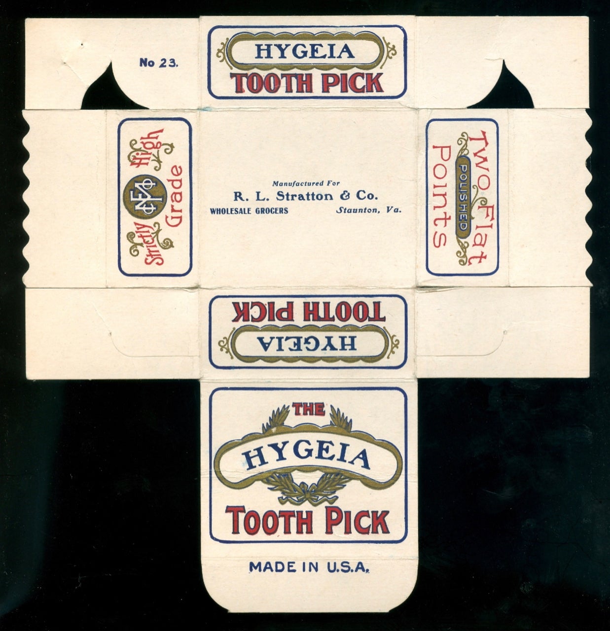 Item #3595 “The Hygenia Tooth Pick” [Box]. Manufactured for R.L. Stratton & Co., Wholesale Grocers, Staunton, Va. Packaging – toothpicks, R L. Stratton, Wholesale Grocers Co., Va. Staunton.