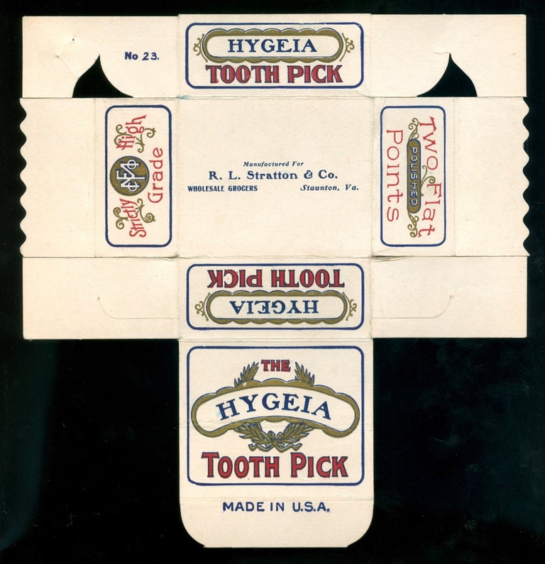 Item #3595 “The Hygenia Tooth Pick” [Box]. Manufactured for R.L. Stratton & Co., Wholesale...