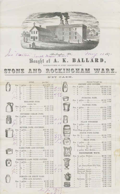 Item #3679 Bought of A.K. Ballard, Manufacturer of Every Description of Stone and Rockingham Ware. Billhead - Stoneware, A. K. Ballard.