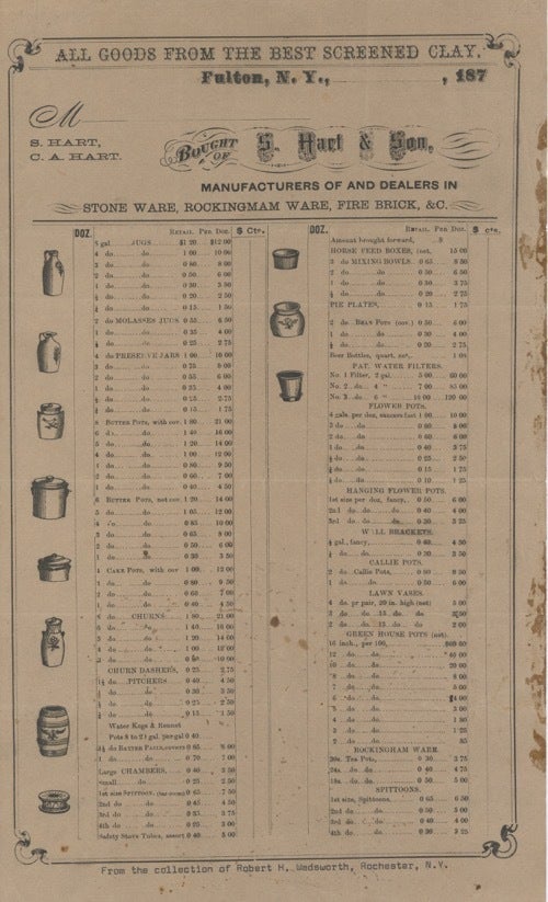 Item #3686 Bought of S. Hart & Son, Manufacturers of and Dealers in Stone Ware, Rockingmam...
