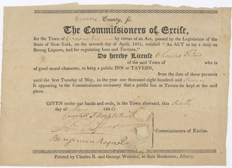 Item #3759 [Early 19th century New York Liquor and Tavern Licenses]. Tavern Licenses, Charles Titus