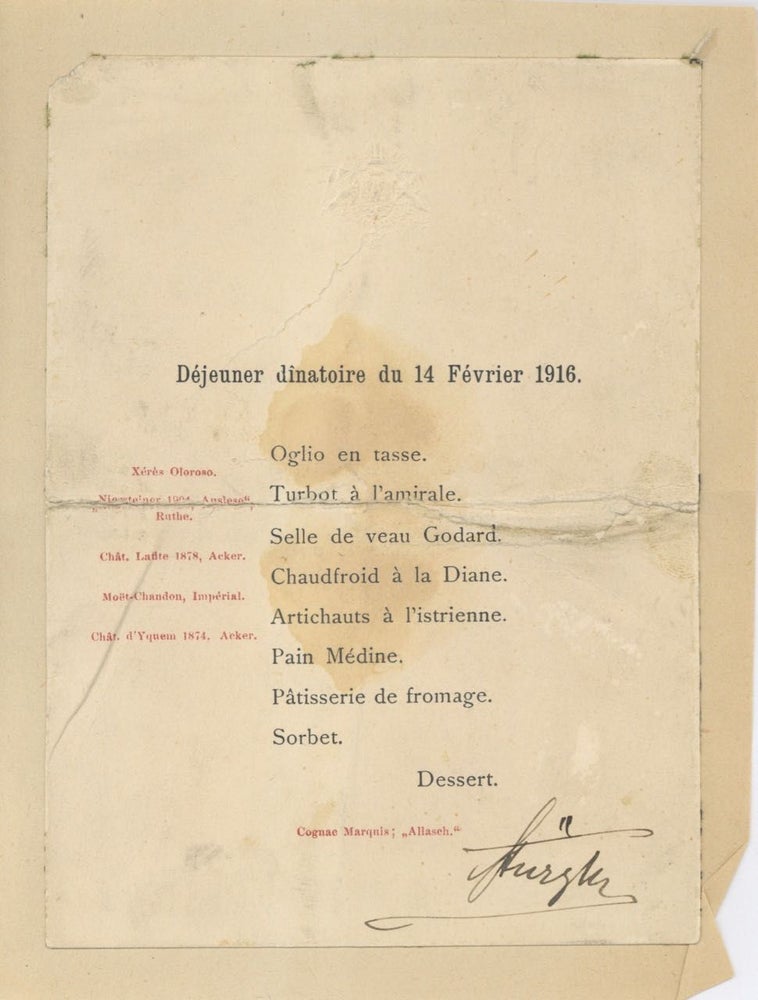 Item #5551 Déjeuner dinatoire du 14 Février 1916. Menu – Imperial Court of Austria, Count...