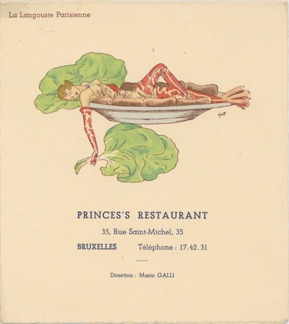 Item #6230 Prince’s Restaurant. La Langouste Parisienne [with:] La Coupe Jacques. Menus – Prince's Restaurant, Mario Galli, Belgium Bruxelles.