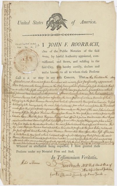 Item #6277 Manuscript legal settlement of a dispute over a delivery of fish. Law – Delivery of fish, Peter. Roorbach Adams, John F.