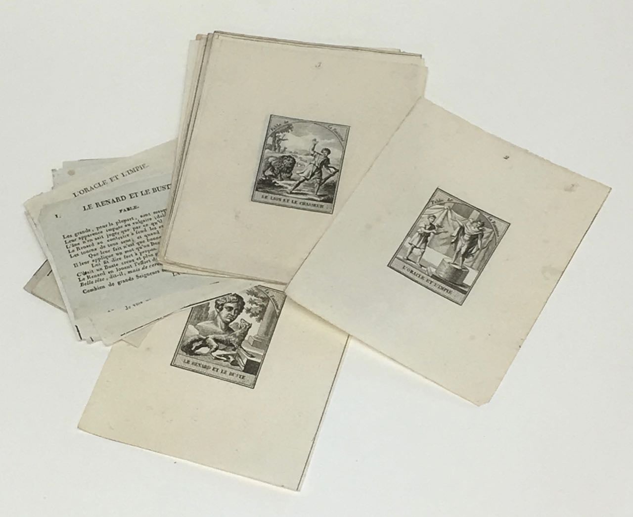 Item #6446 [Suite of Sixteen Chocolate Box Trade Cards with accompanying engraved plates]. Trade cards – Chocolate box cards, Jean de La Fontaine, Abbé Aubert.