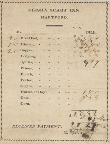 Item #6474 Elisha Sears' Inn, Hartford. Receipt for Board, Elisha Sears' Inn, Conn Hartford