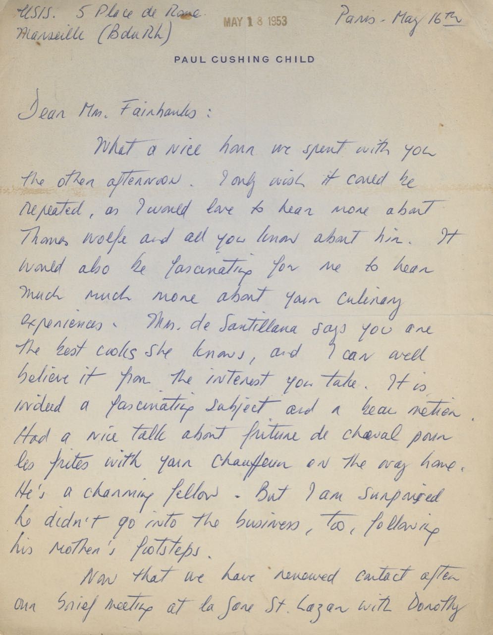 Item #6718 Autograph Letter Signed ("Julia Child"), to Mrs. Fairbanks. Julia Child.
