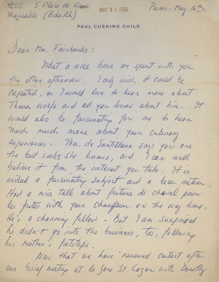 Item #6718 Autograph Letter Signed ("Julia Child"), to Mrs. Fairbanks. Julia Child