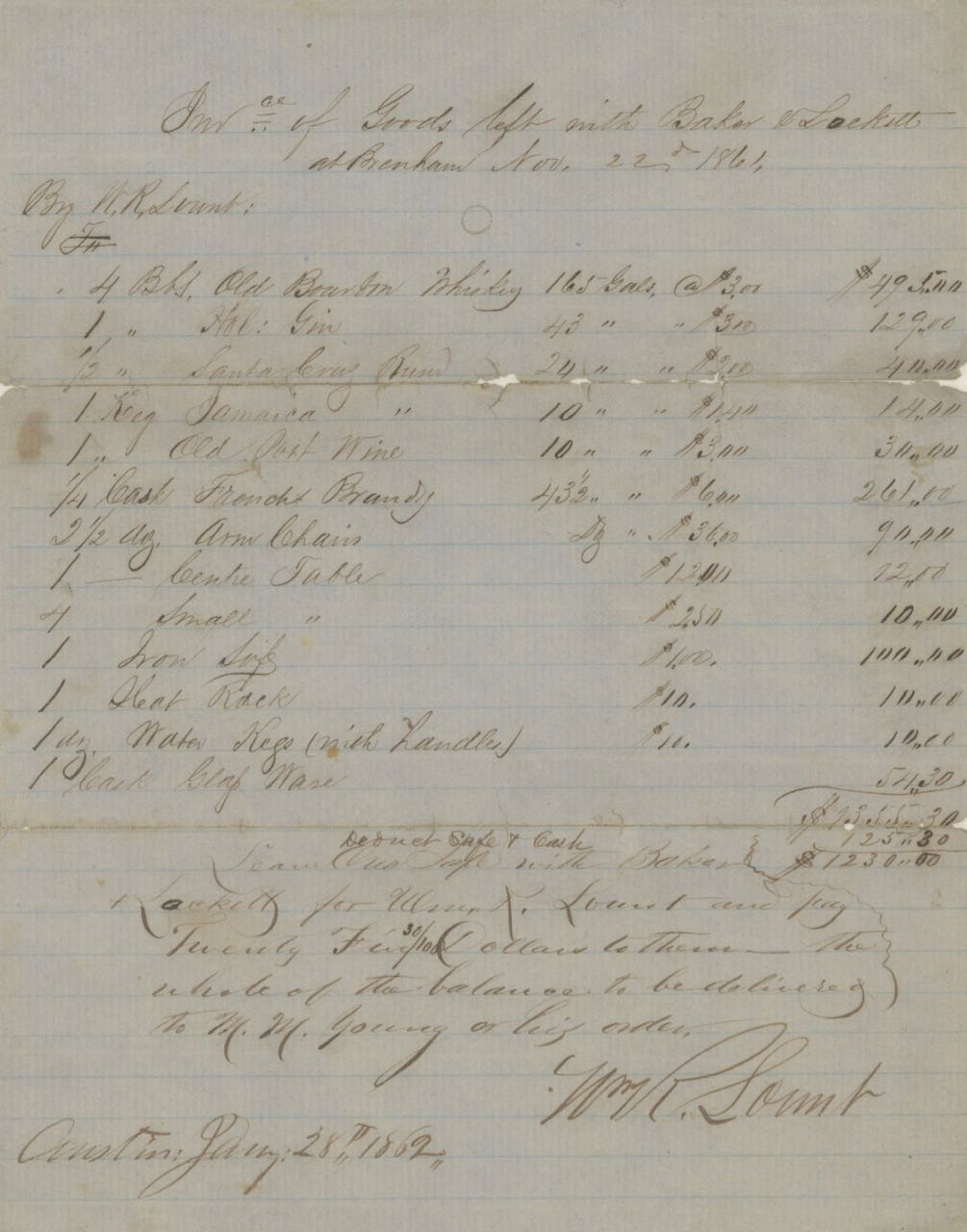 Item #7015 Inv.ce of Goods left with Baker & Lockett, at Brenham, Nov. 22nd, 1861. Manuscript – W. R. Lount [sp?, Brenham Texas.