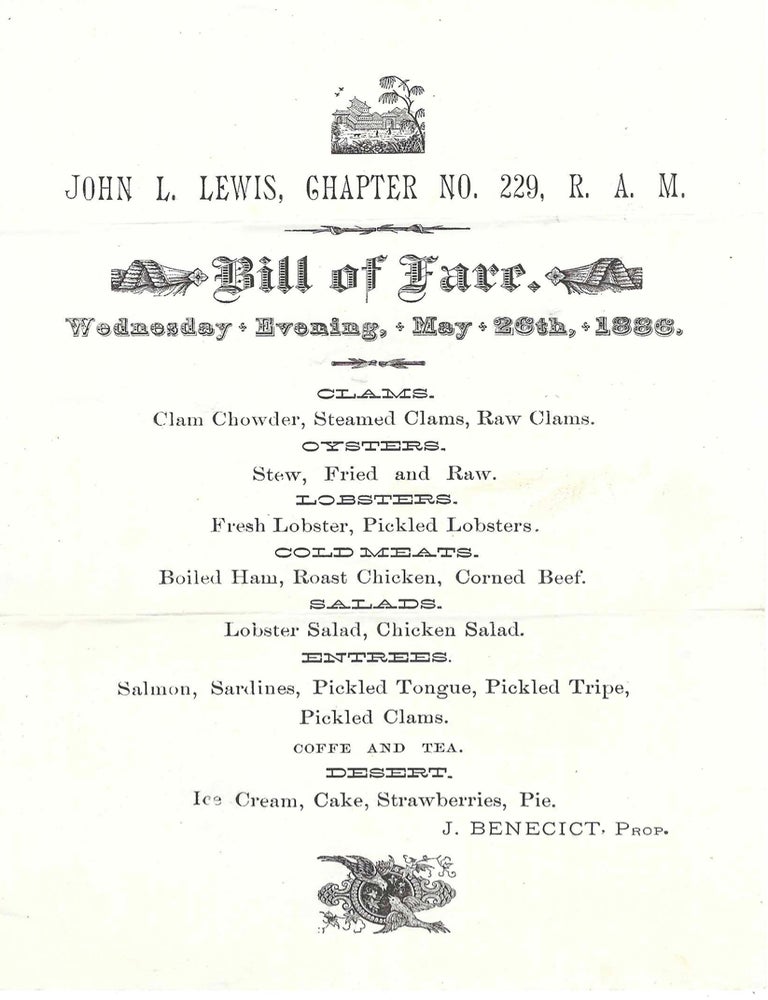Item #7709 Bill of Fare. Wednesday Evening, May 26th, 1886. Menus - Freemasons, Chapter no. 229...