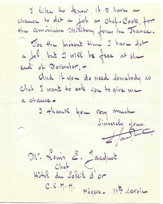 [Autograph Letter Signed, a French chef's employment inquiry with the American Military forces].