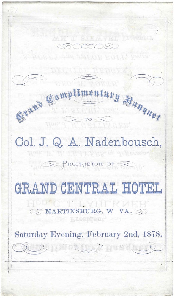 Item #7990 Grand Complementary Banquet to Col. J.Q.A. Nadenbousch, Proprietor of Grand Central...