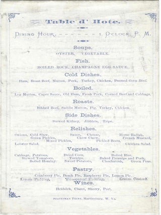 Grand Complementary Banquet to Col. J.Q.A. Nadenbousch, Proprietor of Grand Central Hotel, Martinsburg, W.VA. Saturday Evening, February 2nd, 1878.