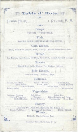 Grand Complementary Banquet to Col. J.Q.A. Nadenbousch, Proprietor of Grand Central Hotel, Martinsburg, W.VA. Saturday Evening, February 2nd, 1878.