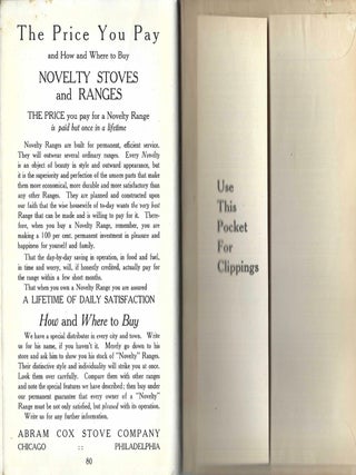 The Novelty Cook Book: Over 150 original recipes thoroughly tested with practical talks on how to secure economy, efficiency and success with the kitchen range. Written by a celebrated cooking expert exclusively for Abram Cox Stove Company.