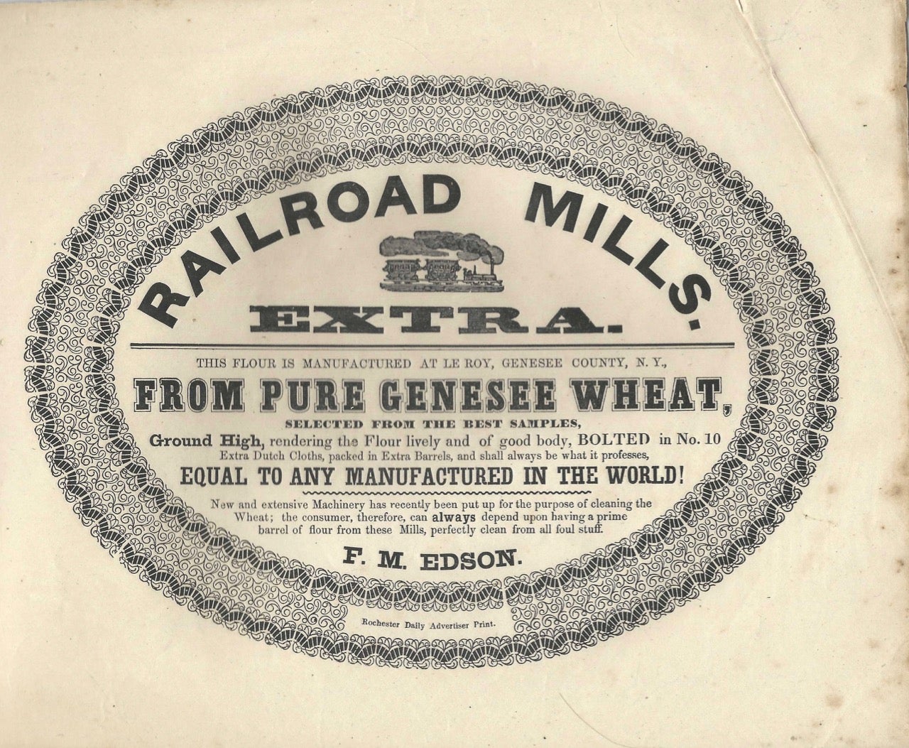 Item #8367 Railroad Mills Extra Wheat Barrel Label. Broadside advertisement, F. M. Edson.
