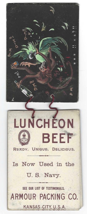 Item #8376 Luncheon Beef, Ready, Unique, Delicious. ["Eh Cully, Let's Crack it."]. Trade card series – Armour Packing Co., Mo. Kansas City.
