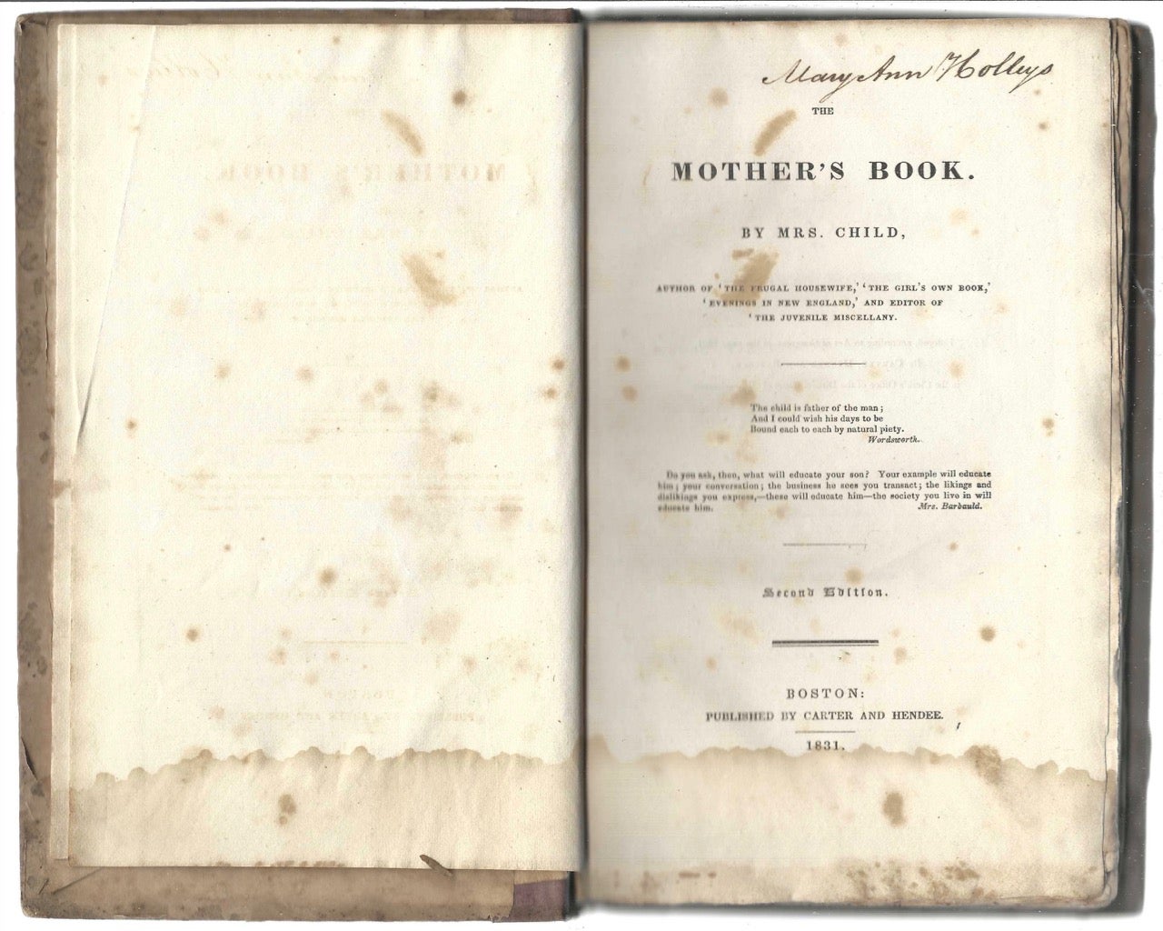 Item #8405 Mother's Book, by Mrs. Child. Child Mrs., Lydia Maria Child.