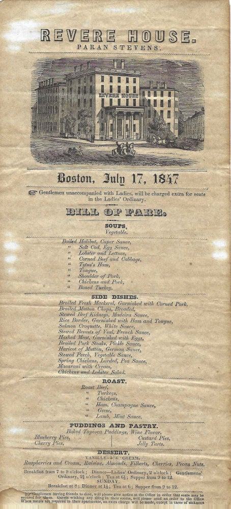 Item #8890 Revere House. Paran Stevens. Boston July 17, 1847. [Menu & Wine List]. Menu –...