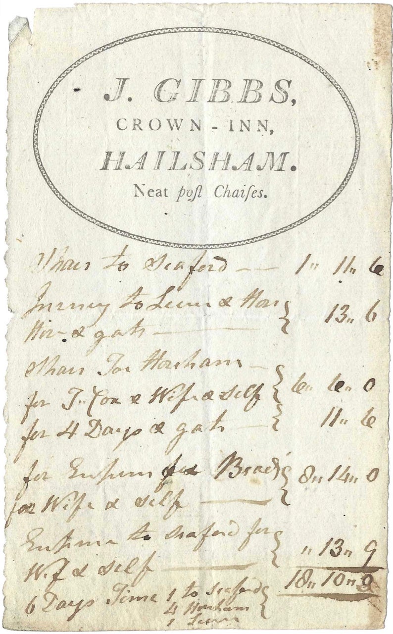 Item #8988 J. Gibbs, Crown-Inn, Hailsham. Neat post Chaises. Bill of Fare – Carriage trip to Seaford, J. Gibbs, Hailsham.