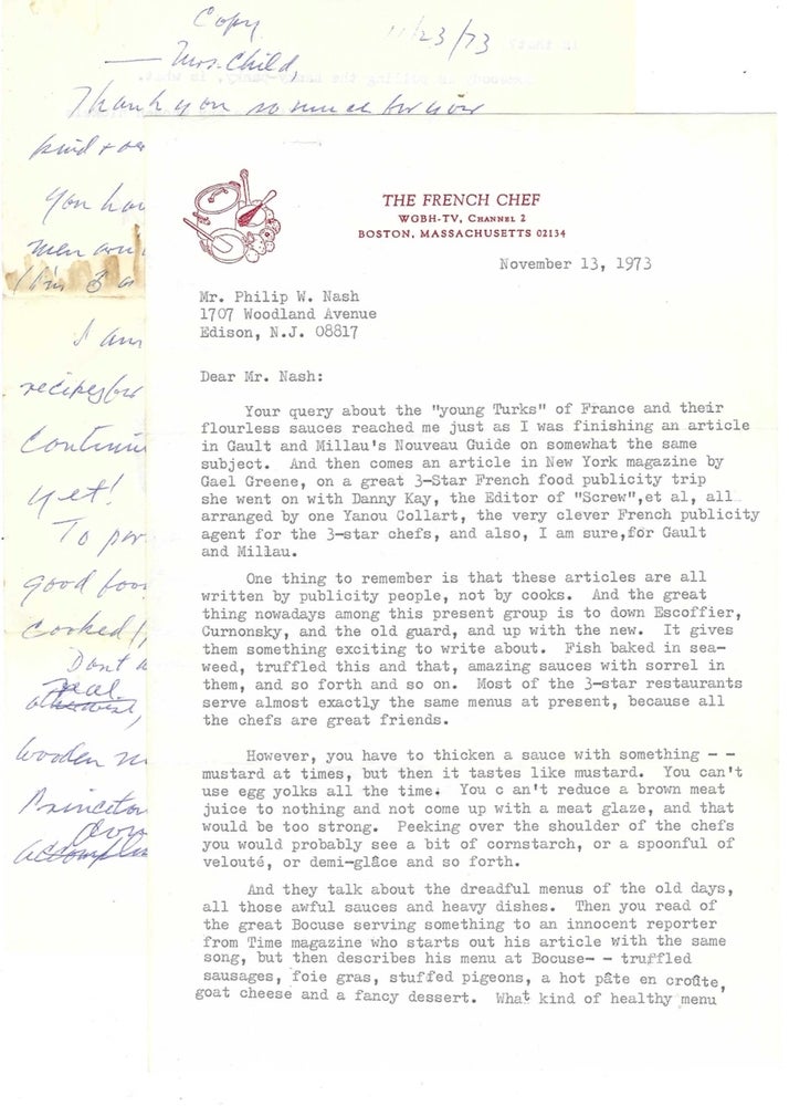 Item #9010 Typed letter signed, dated November 12, 1973. Julia Child, Philip W. Nash