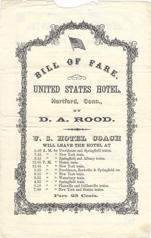 Item #9029 United States Hotel, Bill of Fare, Tuesday, May 31, 1870, [by D.A. Rood...]. Menu...