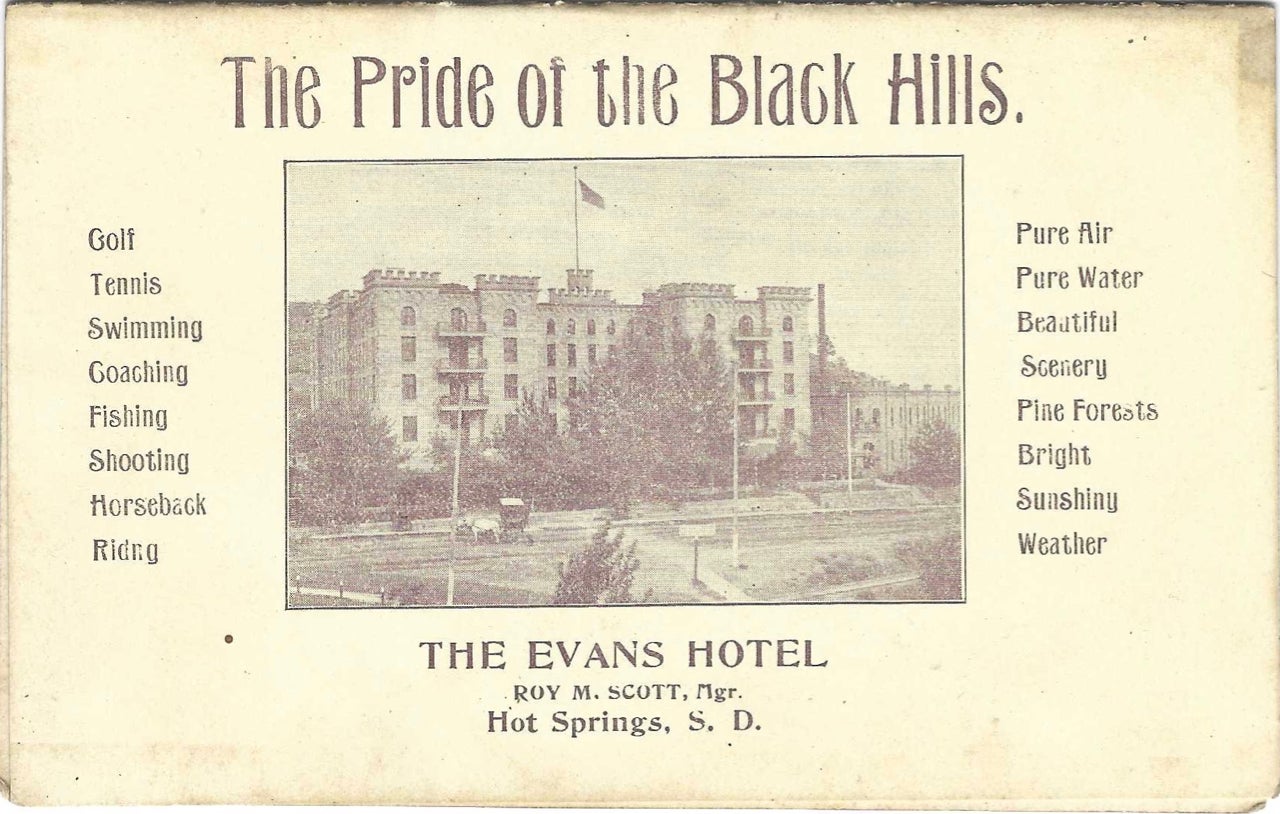 Item #9074 The Pride of the Black Hills. The Evans Hotel, Roy M. Scott, Mgr... Sunday, July 23, 1905. Menu – The Evans Hotel, S. D. Hot Springs.