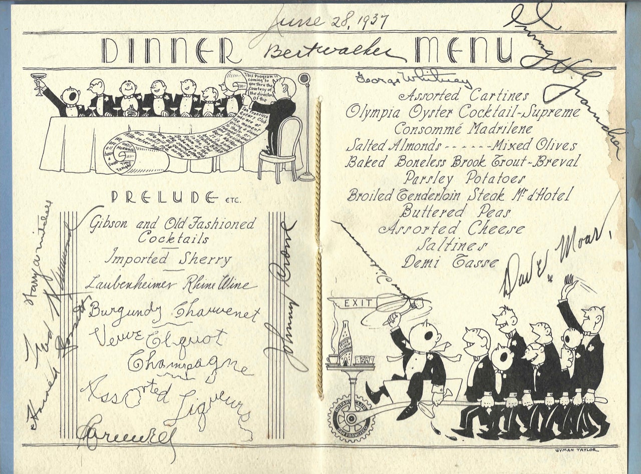 Item #9171 Dinner Menu, June 28, 1937. Menu – Rotary Club, Bert Walker, San Francisco.