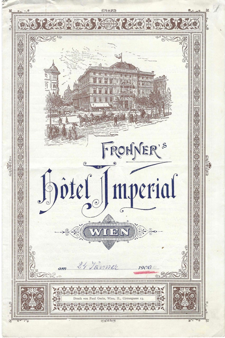 Item #9194 Frohner's Hotel Imperial, Wien. am 24 Januar, 1900. Menu, Frohner's Hotel Imperial, Vienna.