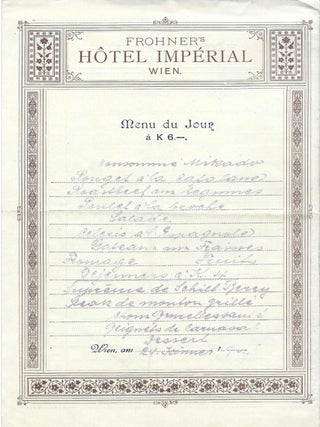 Frohner's Hotel Imperial, Wien. am 24 Januar, 1900.